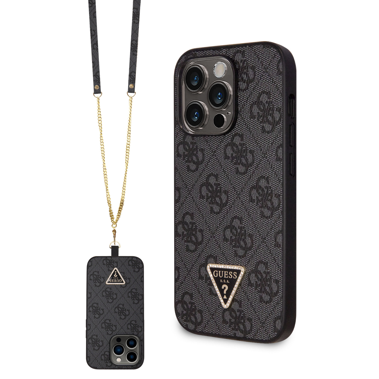 Ochranný kryt s crossbody popruhem pro iPhone 15 Pro MAX - Guess, 4G Strass Triangle Metal Logo Black