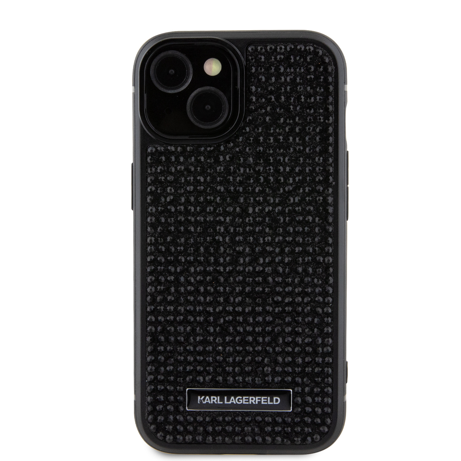 Ochranný kryt na iPhone 15 - Karl Lagerfeld, Rhinestone Plate Metal Logo Black