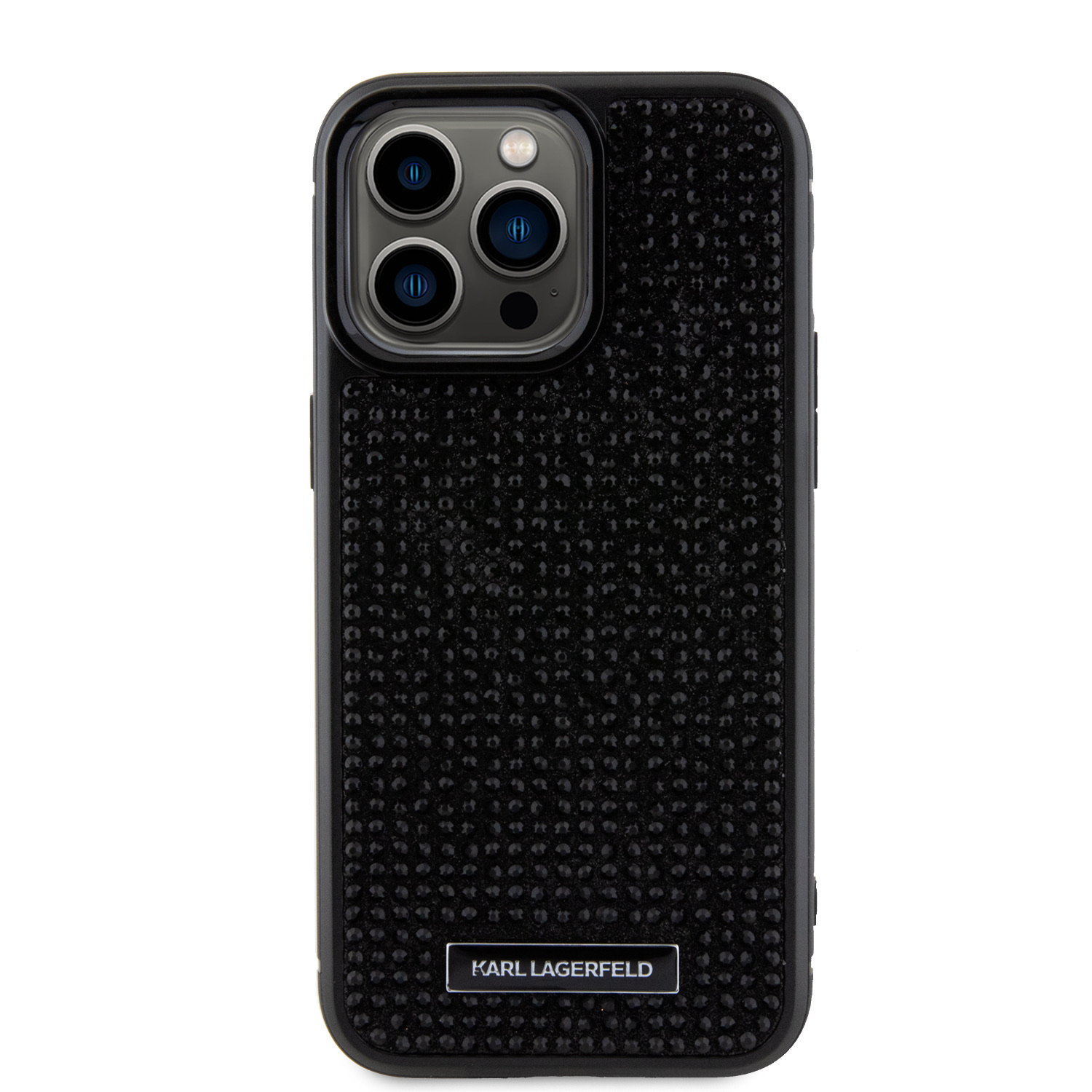 Ochranný kryt na iPhone 15 Pro MAX - Karl Lagerfeld, Rhinestone Plate Metal Logo Black
