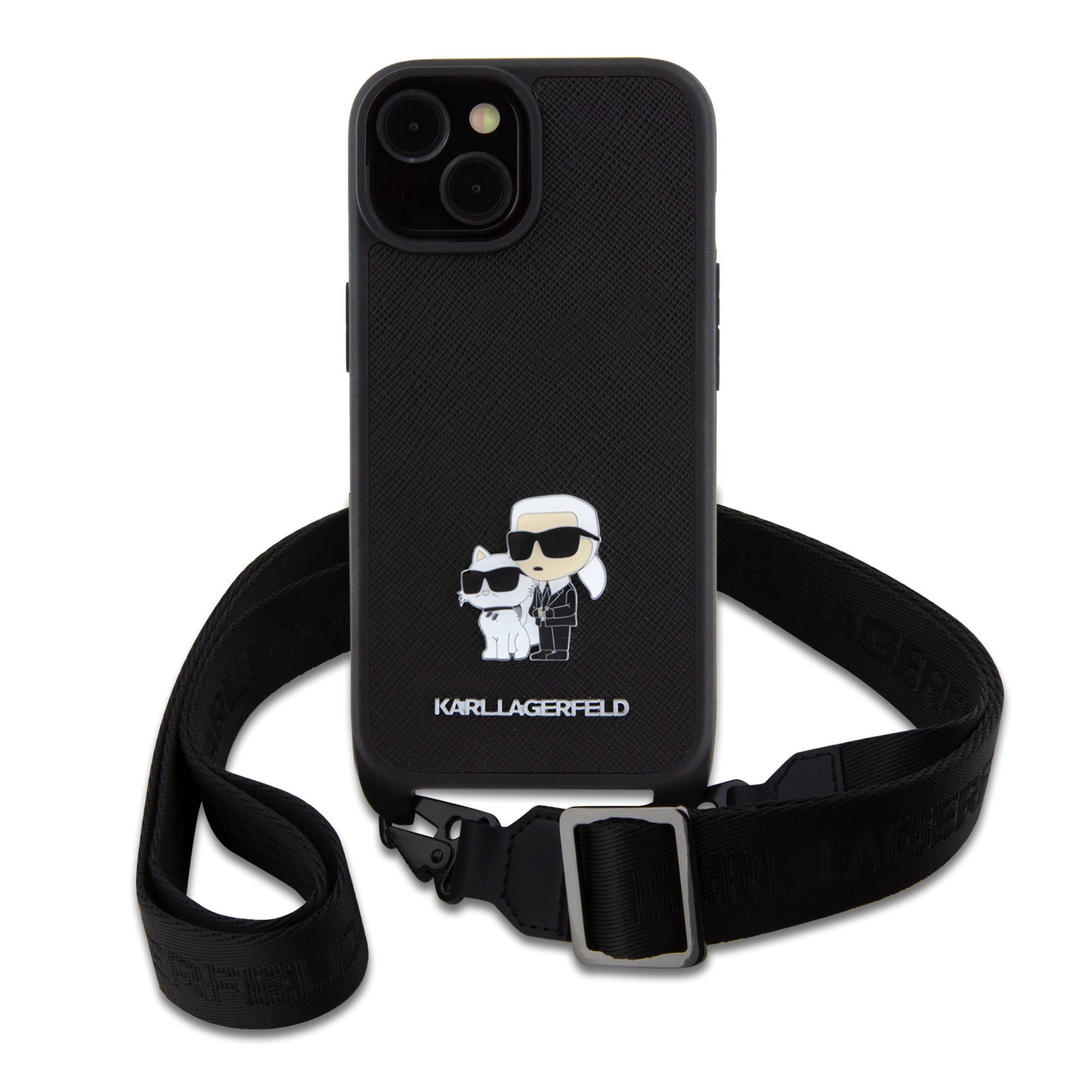 Ochranný kryt s crossbody popruhem pro iPhone 15 PLUS - Karl Lagerfeld, Saffiano Metal Karl and Choupette Black
