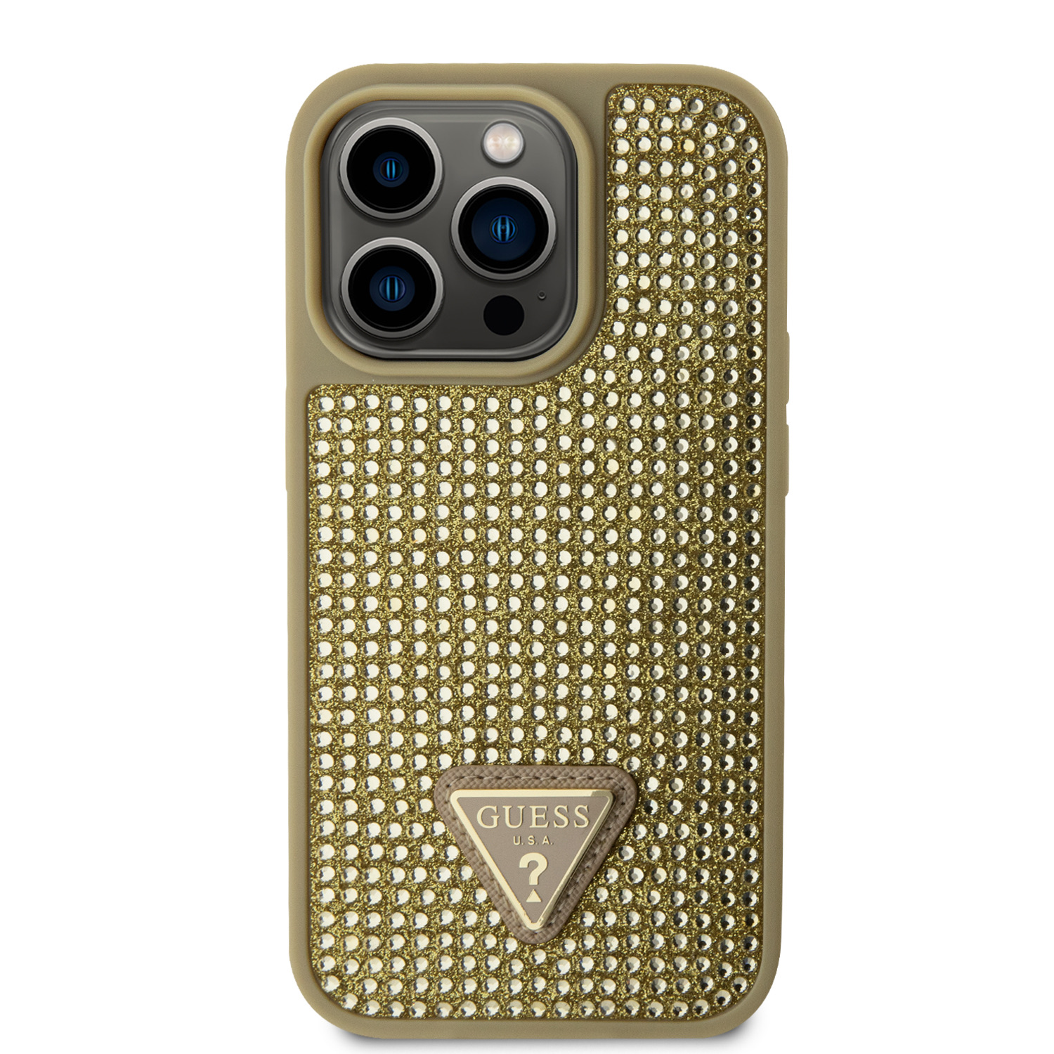 Ochranný kryt pro iPhone 15 Pro - Guess, Rhinestones Triangle Metal Logo Gold