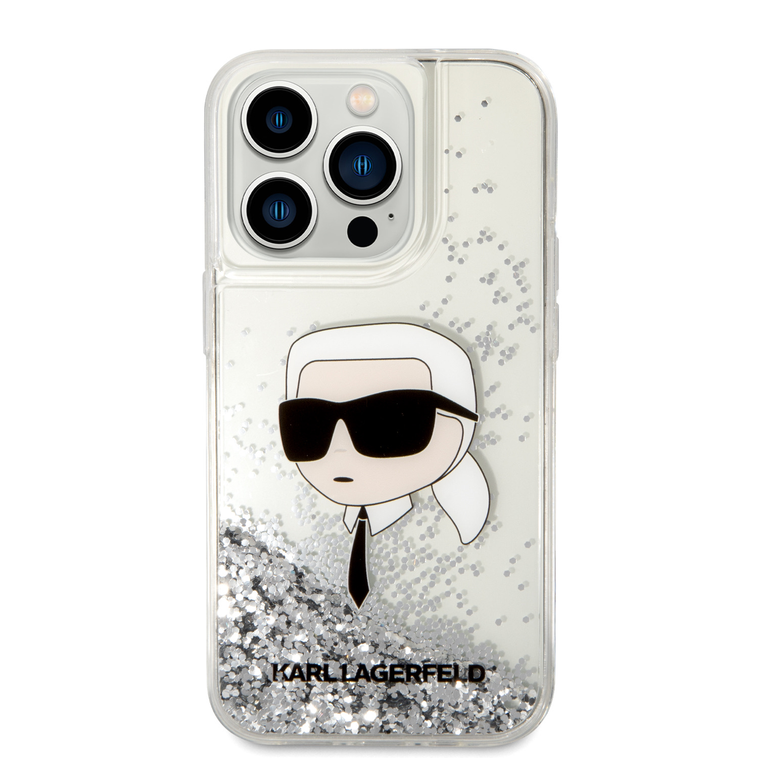 Ochranný kryt na iPhone 15 Pro MAX - Karl Lagerfeld, Liquid Glitter Karl Head Silver