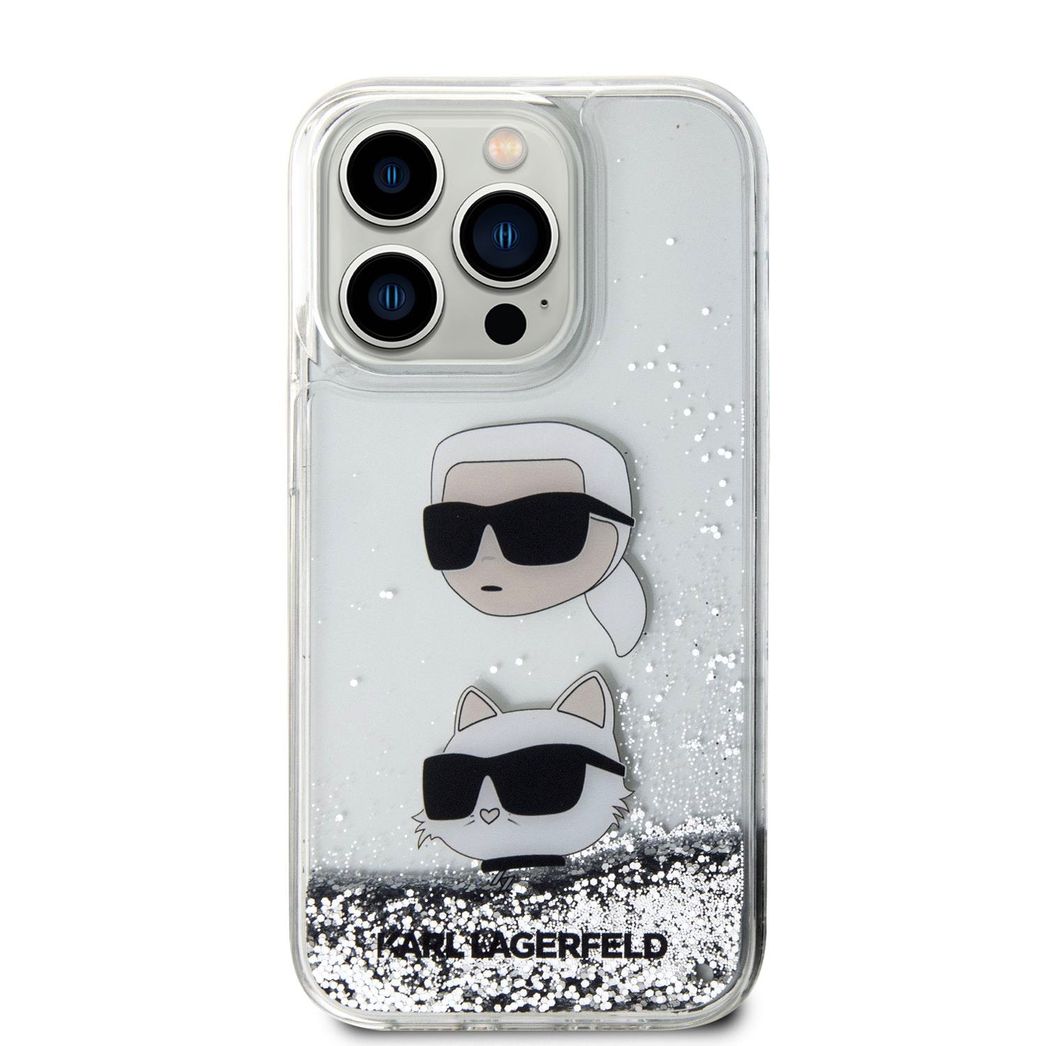 Ochranný kryt na iPhone 15 Pro - Karl Lagerfeld, Liquid Glitter Karl and Choupette Head Silver