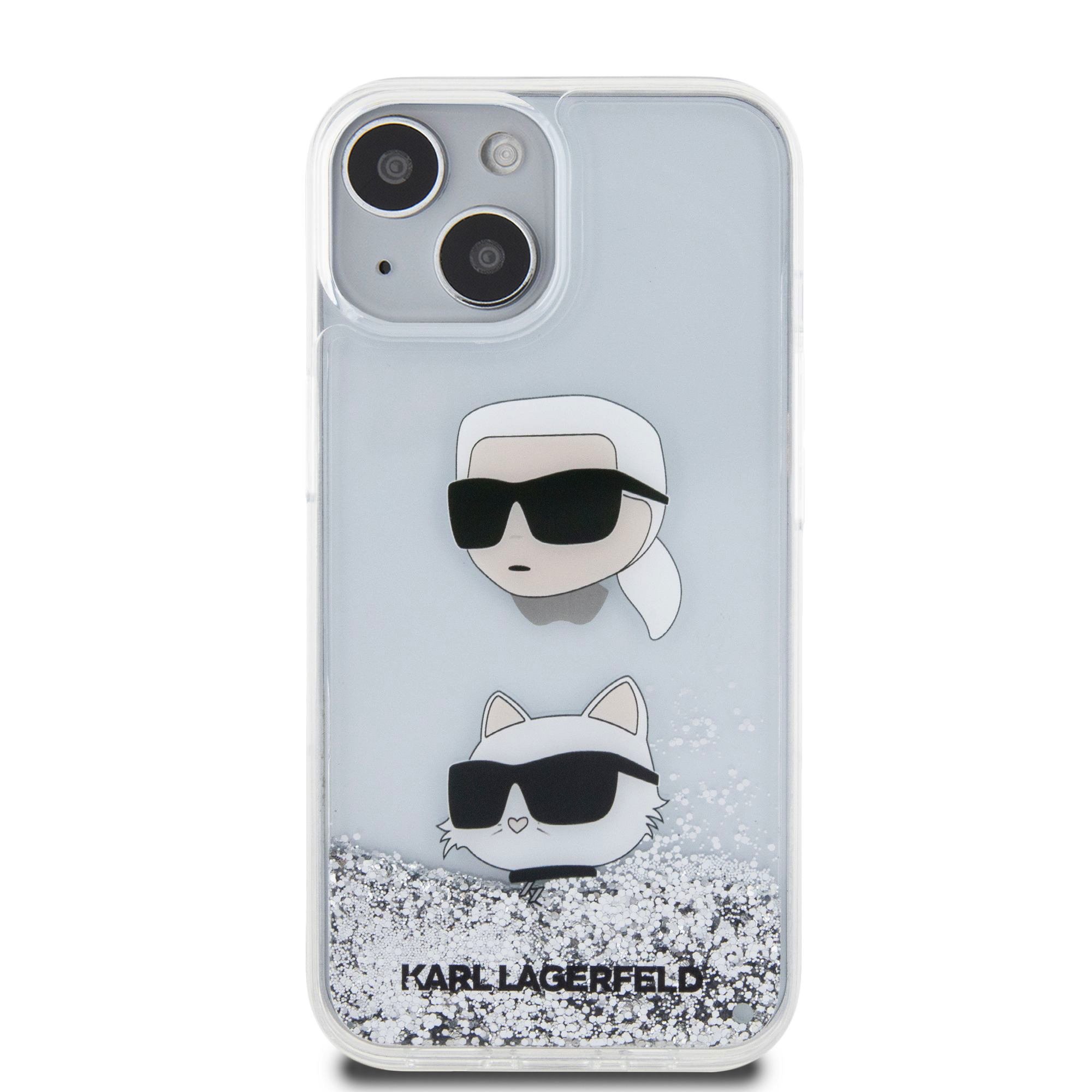 Ochranný kryt na iPhone 15 - Karl Lagerfeld, Liquid Glitter Karl and Choupette Head Silver