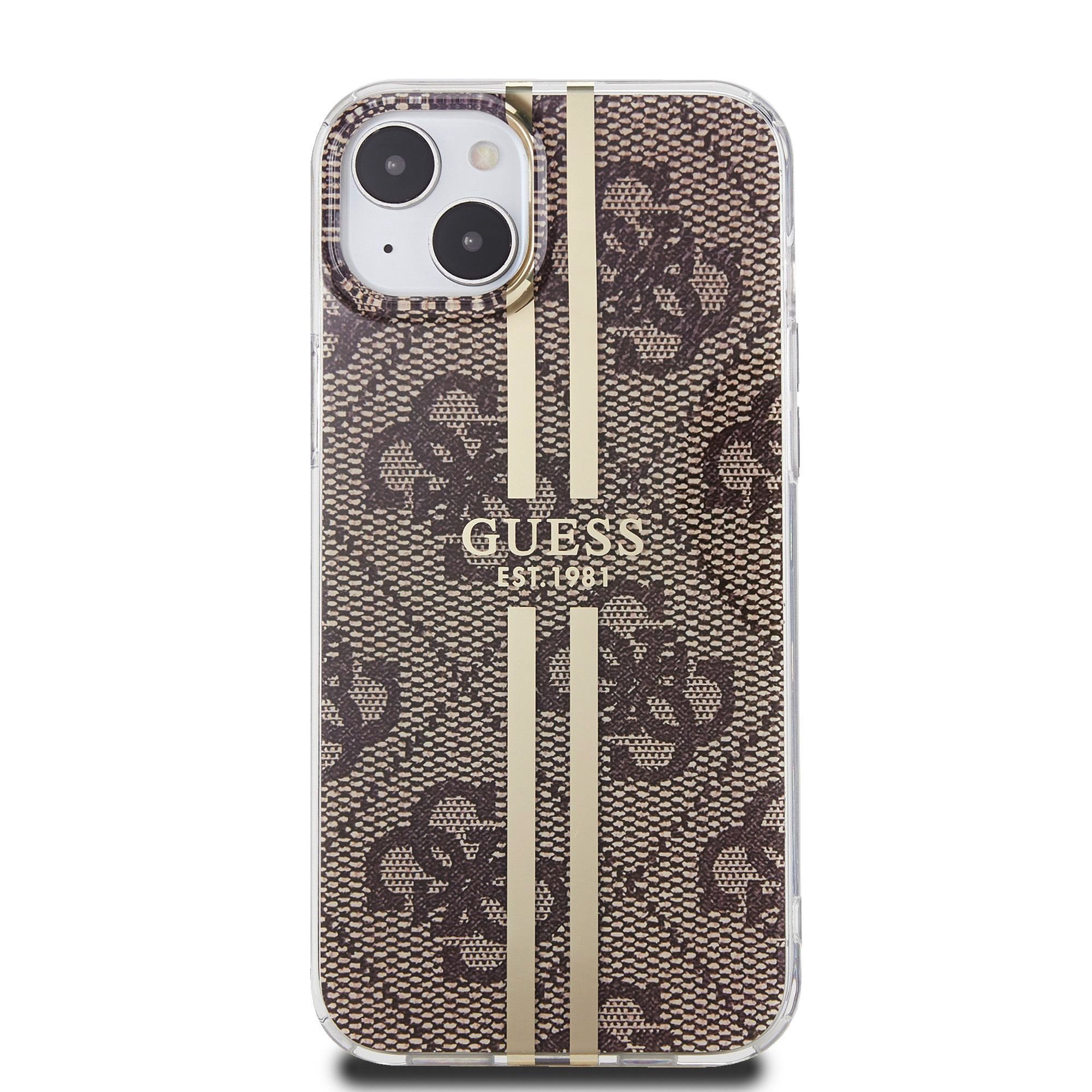 Ochranný kryt na iPhone 15 - Guess, IML 4G Gold Stripe Brown