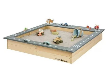 Dětské pískoviště Muddy Buddy Sandbox Highway Hero / s hrací ulicí / 135 x 125 x 20 cm / úložné prostory / cypřišového dřevo / přírodní/šedá (iris-variant-id ivi0)