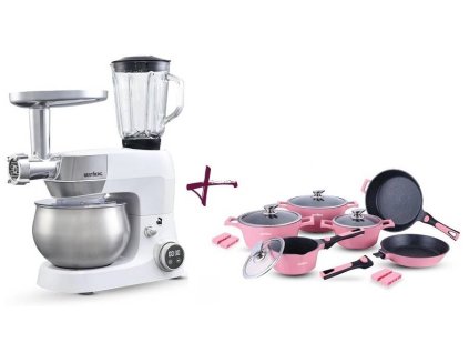 MEGAKOMBO Multifunkční kuchyňský robot BestBerg BBR-1900P + 14dílná sada nádobí s mramorovým povrchem BestBerg BBN-1014P / růžová