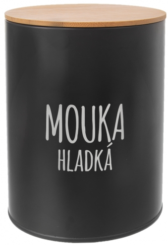 Dóza BLACK s nápisem MOUKA HLADKÁ / pr. 13 cm / černá