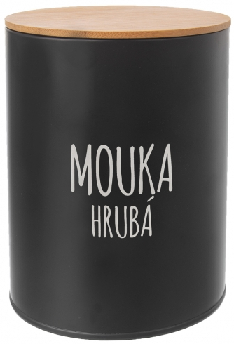 Dóza BLACK s nápisem MOUKA HRUBÁ / pr. 13 cm / černá