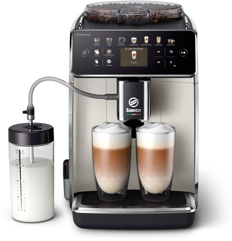 Automatický kávovar Espresso Saeco GranAroma SM6582/30 / 3 teploty / 15 bar / 12 hrubostí mletí / 1500 W / černá/stříbrná / ZÁNOVNÍ