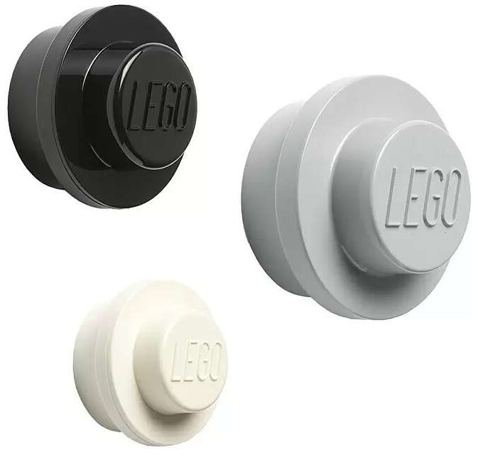 Sada 3 věšáků na zeď LEGO / plast / Ø 4,7 cm / Ø 7,85 cm / Ø 9,4 cm / bílá/šedá/černá / POŠKOZENÝ OBAL
