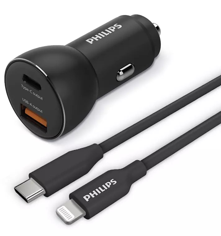 Set nabíječky do auta a napájecího kabelu Philips DLP2521L/00 / USB-A/USB-C/Lightning / délka kabelu 1 m / černá / ROZBALENO