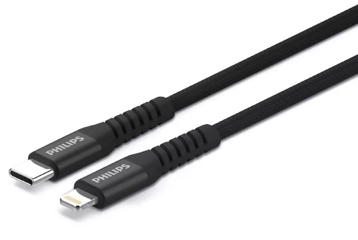 Opletený kabel Philips DLC5206L/00 / USB-C/Lightning / 2 m / černá / ROZBALENO