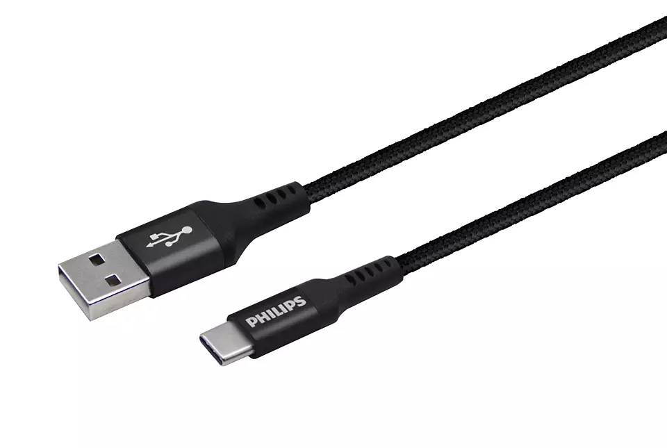 Opletený kabel Philips DLC5206A/04 / USB-A > USB-C / 2 m / černá / POŠKOZENÝ OBAL