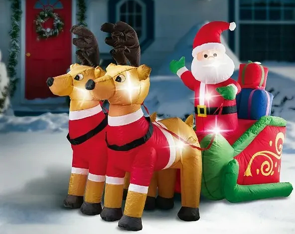 LED nafukovací vánoční dekorace Santa Claus se soby / 12 W / výška 140 cm / venkovní i vnitřní / teplá bílá