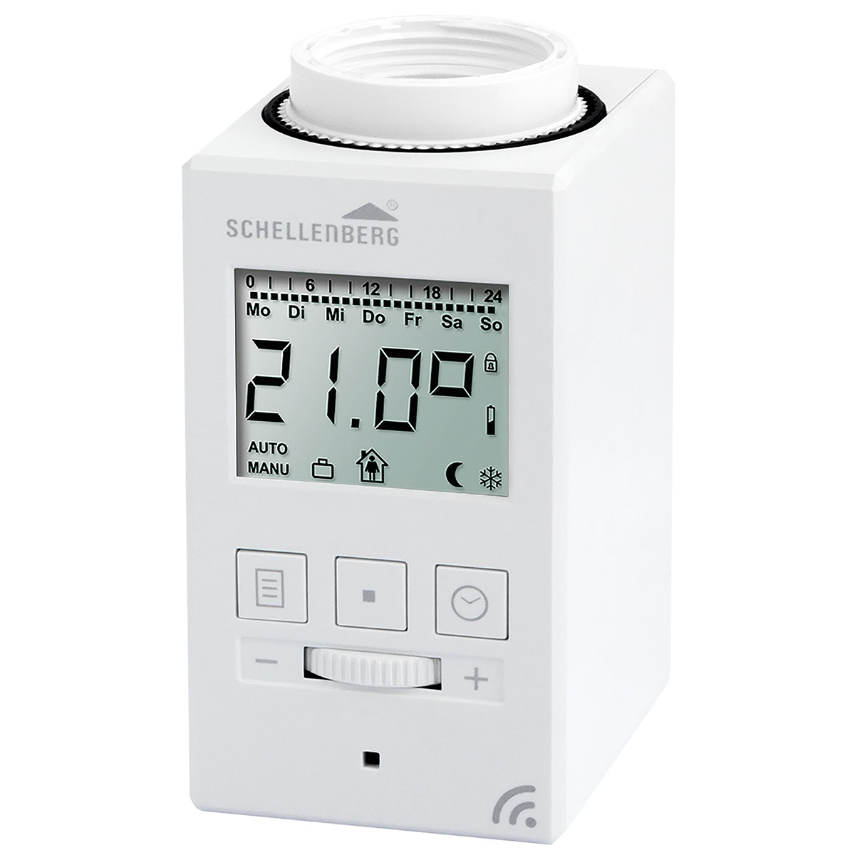 Digitální radiátorový termostat Schellenberg /  6,5 x 5 x 8,8 cm / 0 °C až +50 °C / IP20 / M30 x 1,5 mm / plast / bílá