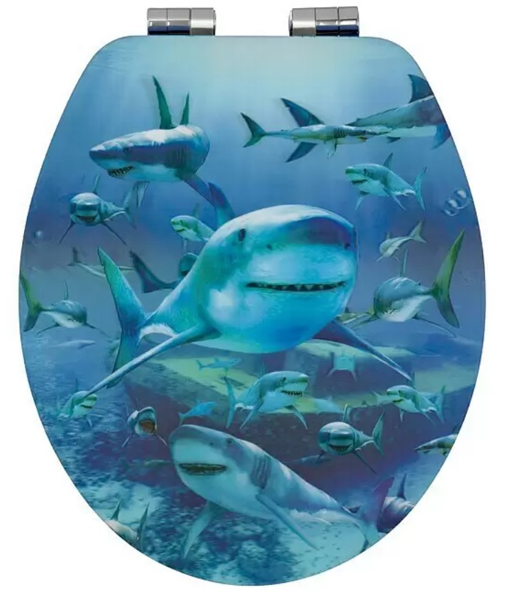 WC sedátko / soft close / dřevo / motiv žralok / modrá