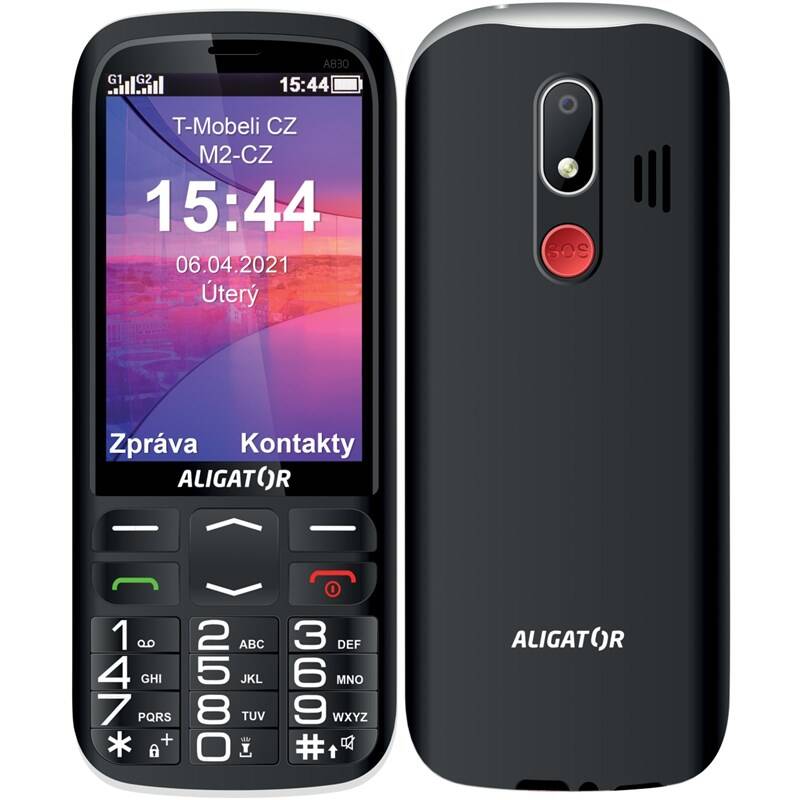 Mobilní telefon Aligator A830 Senior + stojánek / DUAL SIM / 2 Mpx fotoaparát / 3,5" (8,9 cm) / 320 × 480 px / TFT displej / GPS / černá / ROZBALENO