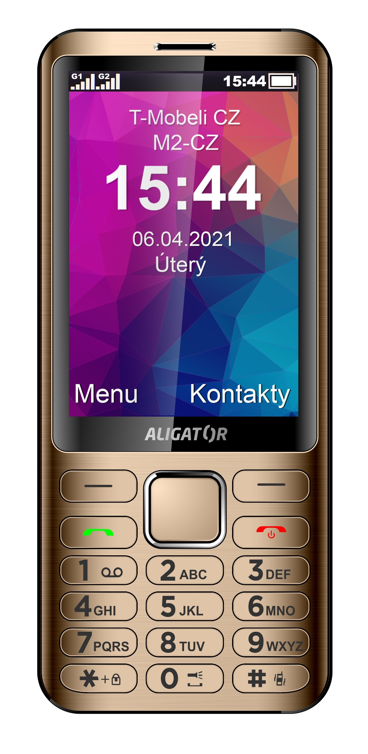 Mobilní telefon Aligator D950 / 3,5" (8,9 cm) / Bluetooth / 320 x 480 px / DUAL SIM / 1 GB / TFT LCD displej / zlatá / ROZBALENO