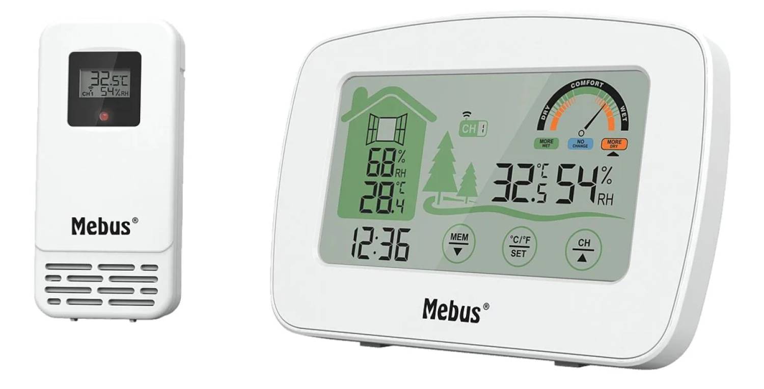 Rádiová meteostanice Mebus / hodiny / vnitřní venkovní čidlo / digitální displej / vlhkoměr / bílá / ROZBALENO