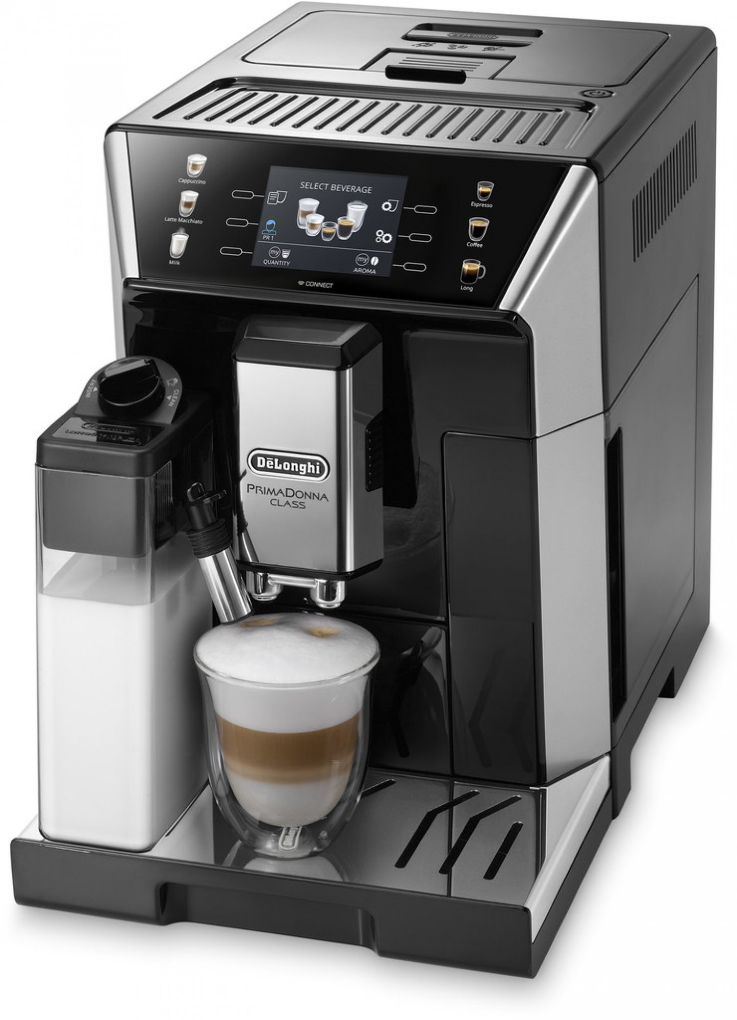 Automatický kávovar De'Longhi PrimaDonna Class ECAM 550.65.SB / 1450 W / 2 l / 19 bar / stříbrná/černá / ZÁNOVNÍ