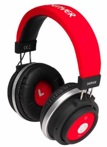 Bezdrátová sluchátka Denver BTH-250RED / 300 mAh / mikrofon / dosah 10 m / Bluetooth 4.2 / černá/červená / ROZBALENO