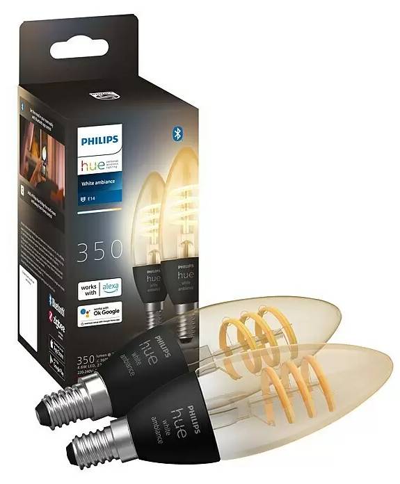 LED žárovka Philips Hue Filament Classic White Ambiance / spirálové vlákno / 2 kusy / E14 / 350 lm / nastavitelná teplota barev / ZigBee / Bluetooth /…