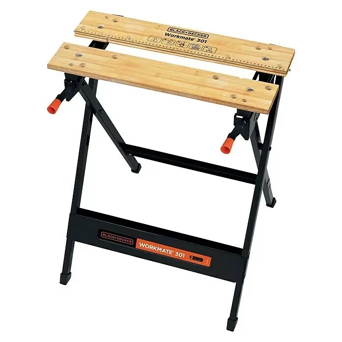 Pracovní a upínací stůl Black+Decker Workmate® 301 / 63 x 89 x 13 cm / 0 mm - 760 mm / nosnost 160 kg / kov / bambus / černá / ZÁNOVNÍ