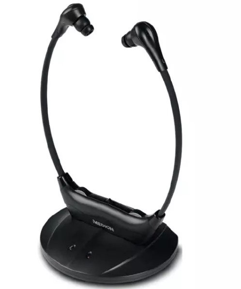 TV bezdrátová sluchátka pro seniory Medion E62080 / nabíjecí stanice / dosah až 25 m / černá