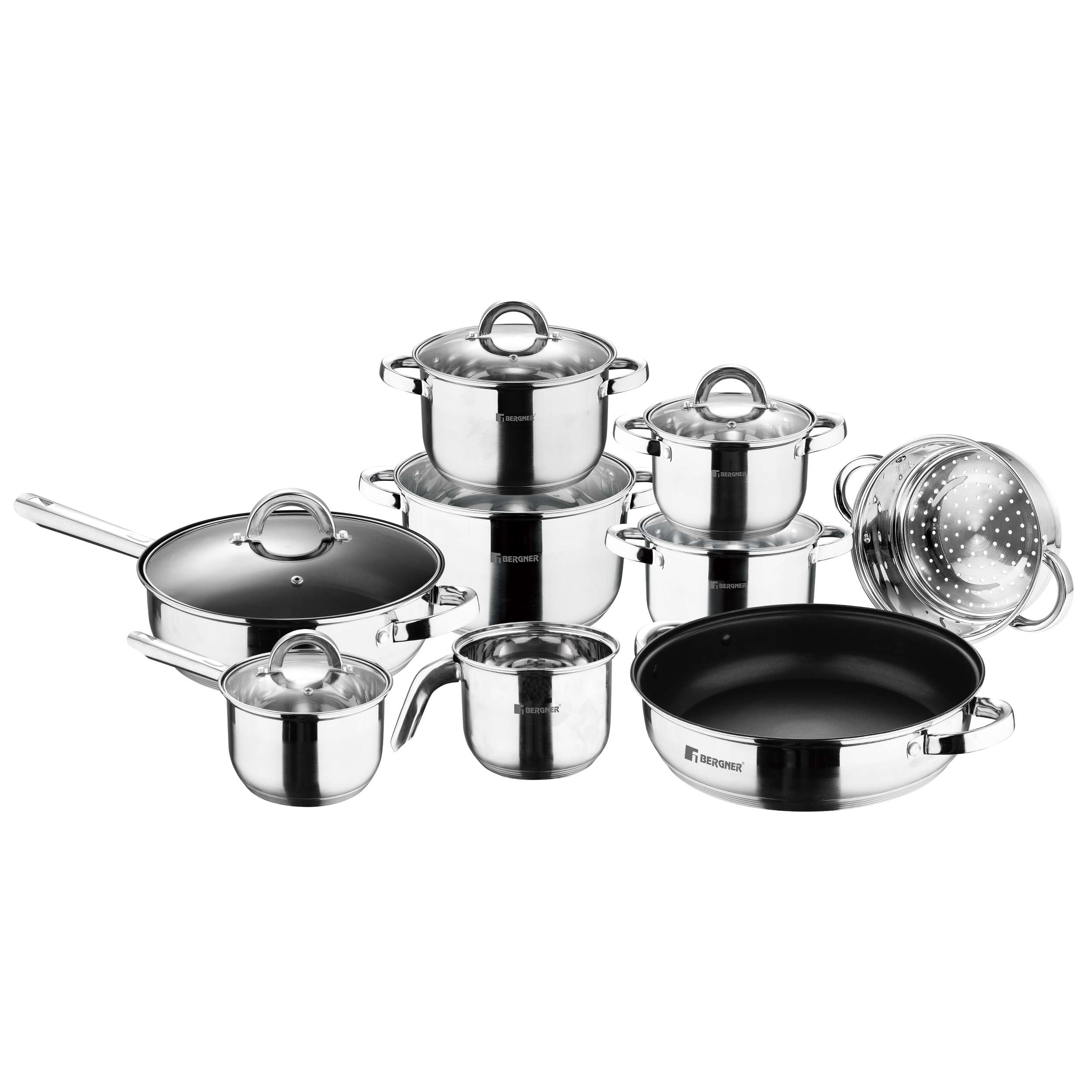 15dílná sada nerezových hrnců a pánví BERGNER Familia / nerezové hrnce / nepřilnavý povrch / zesílené dno / napařovač Varianta: ivi1