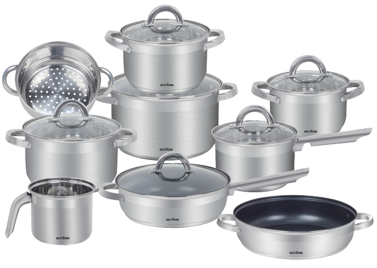 15dílná sada nerezových hrnců a nepřilnavých pánví BestBerg BBSC-15 / stříbrná Varianta: ivi0