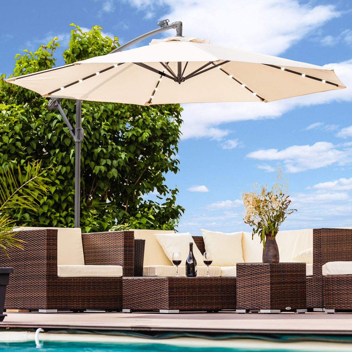 Závěsný slunečník s LED solárním osvětlením BestBerg BBHU-11 / 300 cm / béžová Varianta: ivi0