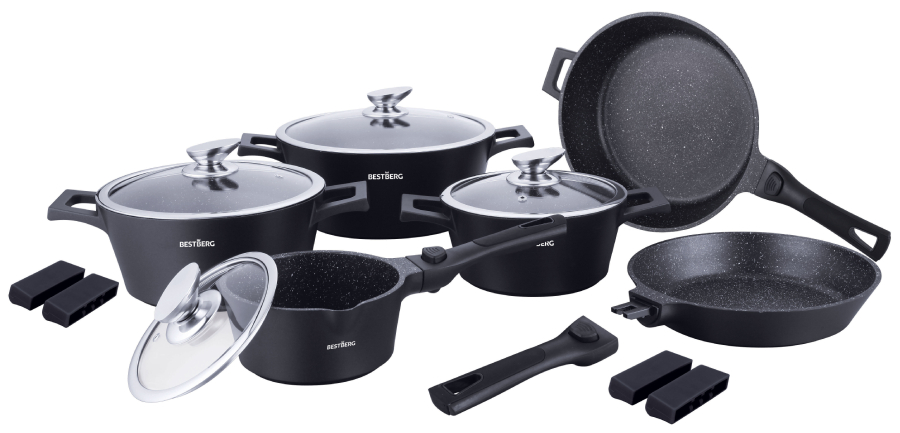 14dílná prémiová sada kuchyňského nádobí s nepřilnavým mramorovým povrchem BestBerg BBN-1014BK / černá Varianta: ivi0