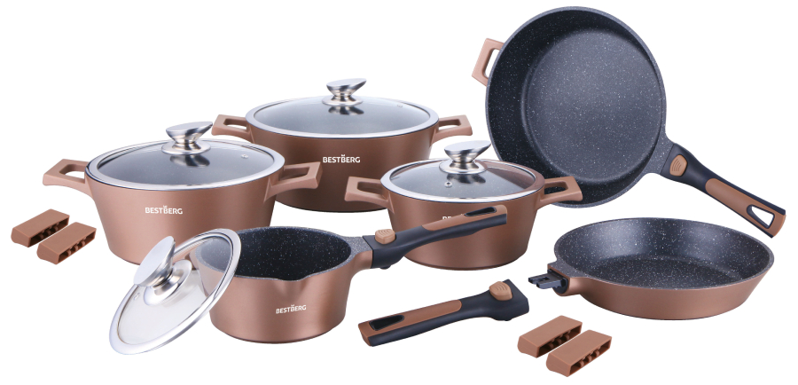 14dílná prémiová sada kuchyňského nádobí s nepřilnavým mramorovým povrchem BestBerg BBN-1014C / měděná Varianta: ivi0