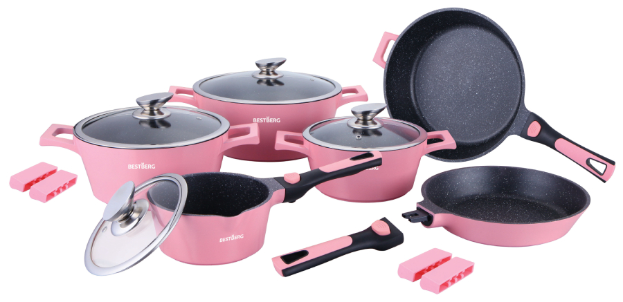 14dílná prémiová sada kuchyňského nádobí s nepřilnavým mramorovým povrchem BestBerg BBN-1014P / růžová Varianta: ivi0