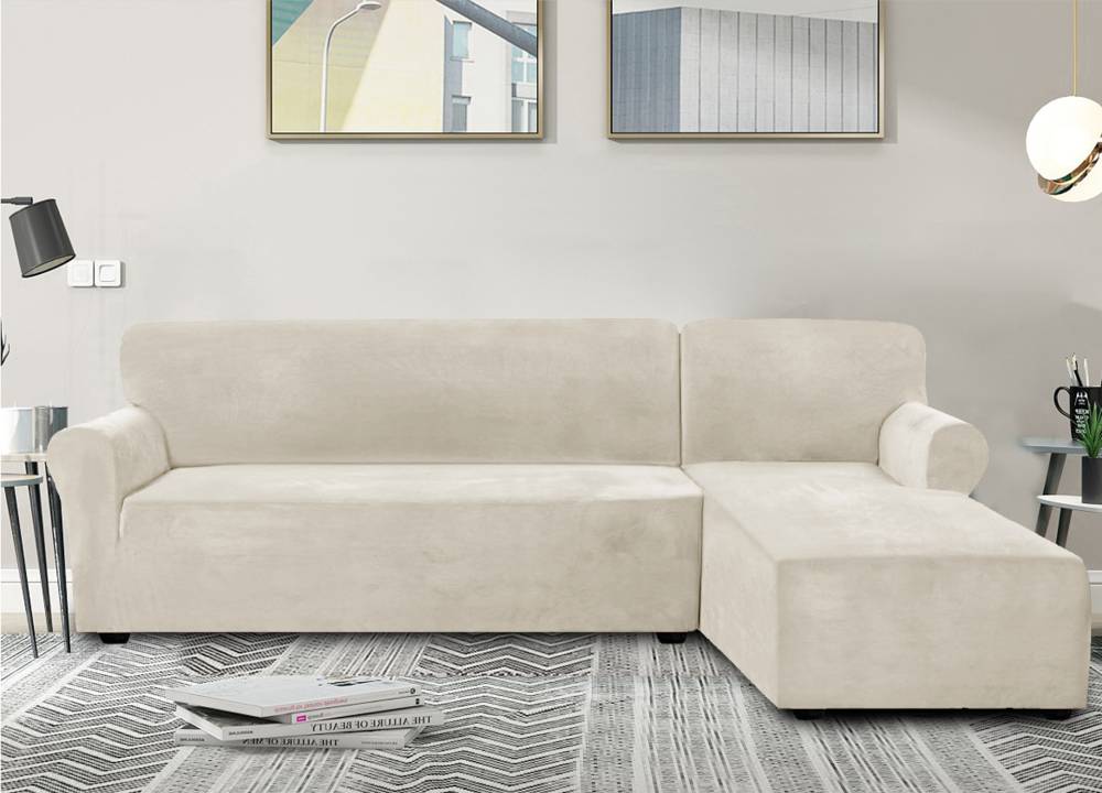 Napínací elastický plyšový potah na trojmístnou rohovou pohovku BestBerg / pravá / krémová Varianta: ivi11