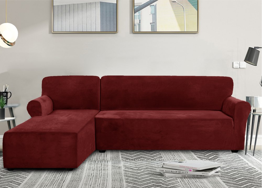 Napínací elastický plyšový potah na trojmístnou rohovou pohovku BestBerg / levá / vínová Varianta: ivi4
