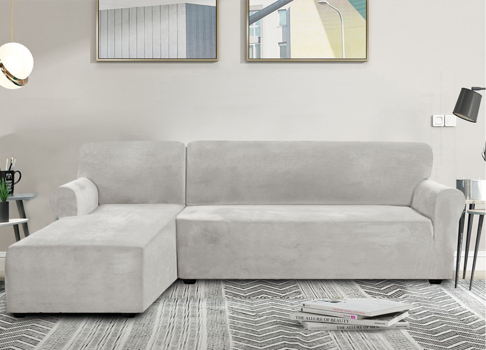 Napínací elastický plyšový potah na trojmístnou rohovou pohovku BestBerg / levá / světle šedá Varianta: ivi5