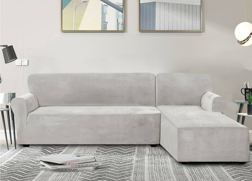 Napínací elastický plyšový potah na trojmístnou rohovou pohovku BestBerg / pravá / světle šedá Varianta: ivi4