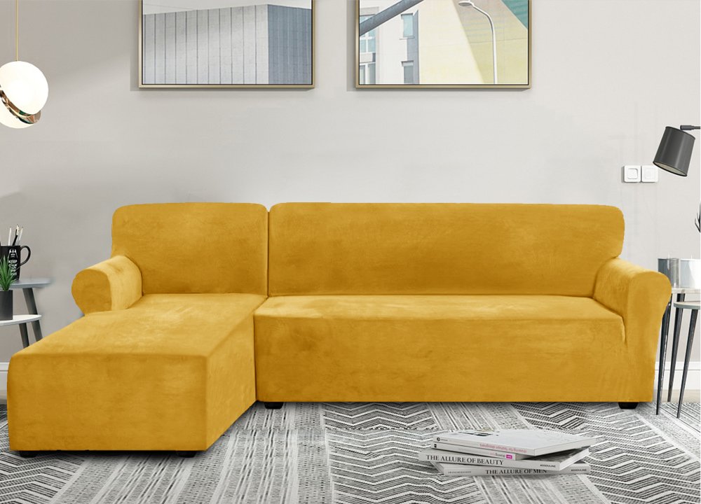 Napínací elastický plyšový potah na trojmístnou rohovou pohovku BestBerg / levá / žlutá Varianta: ivi3
