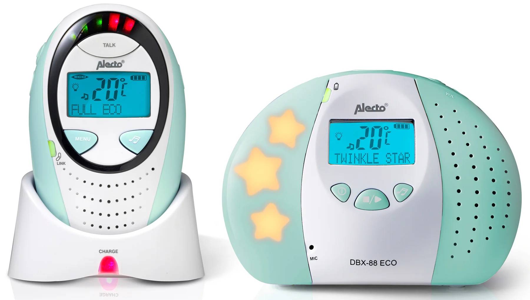 Dětská chůvička Alecto DBX-88MT / 5 ukolébavek / dosah až 300 m / bílá/mentolová Varianta: ivi1