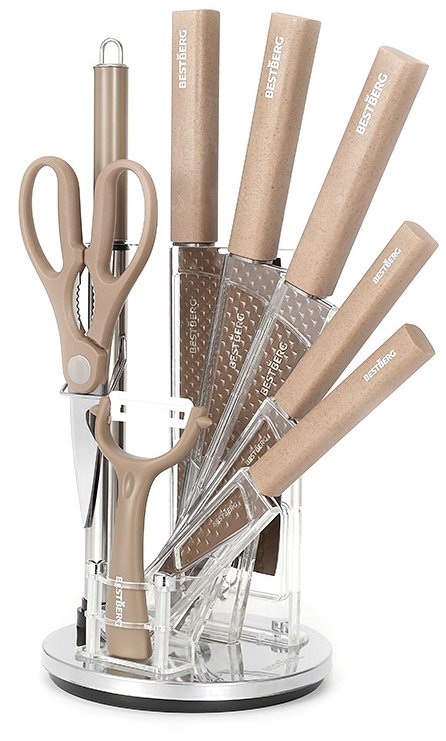9dílná sada nožů s otočným stojánkem a nepřilnavým diamantovým povrchem BestBerg BBK-9CF / hnědá Varianta: ivi0