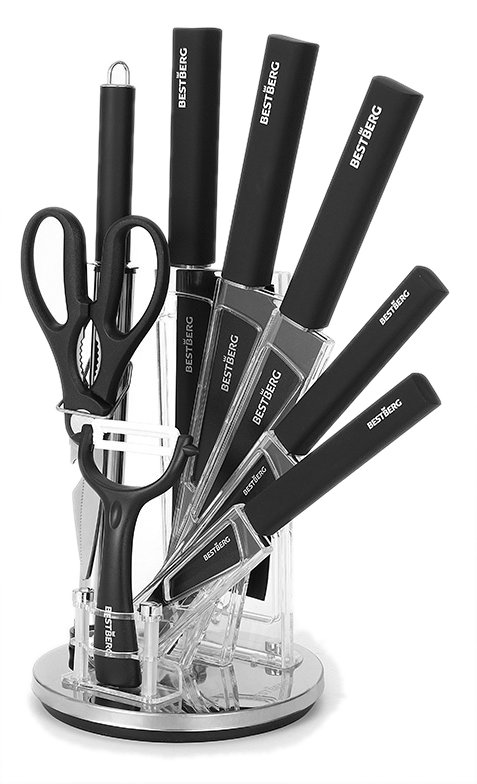 9dílná sada nožů s otočným stojánkem a nepřilnavým diamantovým povrchem BestBerg BBK-9RU / černá Varianta: ivi2
