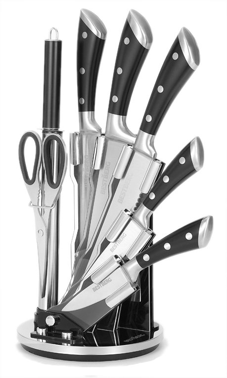 8dílná sada nožů s otočným stojánkem BestBerg BBK-8SB / černá/stříbrná Varianta: ivi0