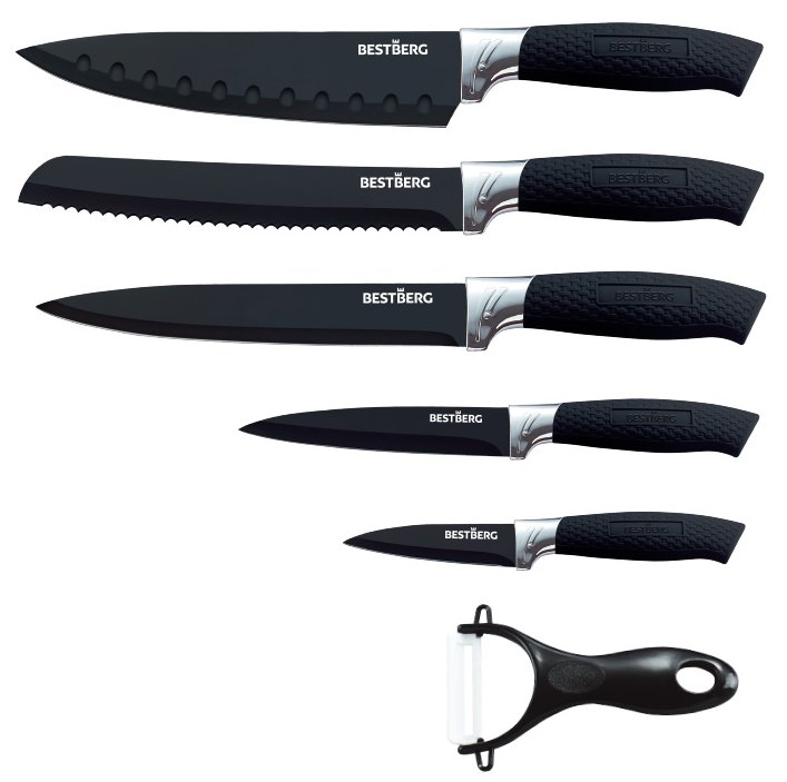 5dílná sada nožů s nepřilnavým mramorovým povrchem + škrabka BestBerg BBK-6MA / černá Varianta: ivi5
