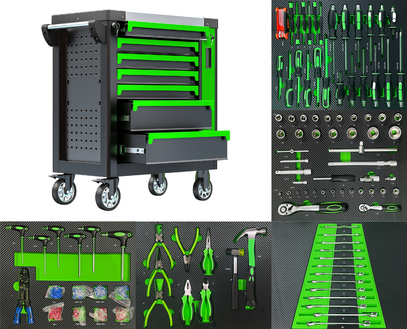 Kovový pojízdný dílenský vozík s 263 ks nářadí a 7 šuplíky BestBerg BBTC-703T / SPCC ocel Varianta: ivi0