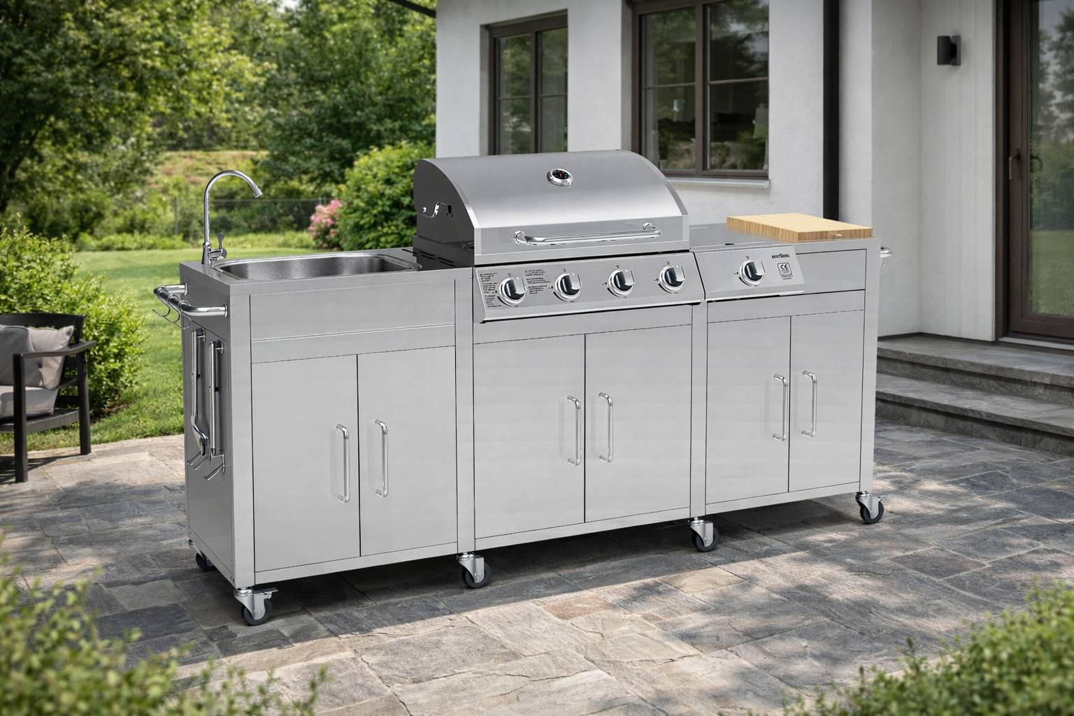 Nerezová zahradní BBQ kuchyně s umyvadlem BestBerg BBBQ-29SS / 5 hořáků / 17,2 kW / stříbrná Varianta: ivi0