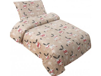 2-dielne posteľné prádlo Rudolf / 140 x 200 cm / 70 x 90 cm / 240 g/m² / mikroplyš / vianočné / béžové