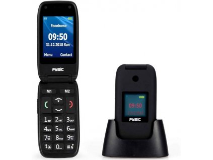 Mobilný telefón pre seniorov Fysic FM-9260 s nabíjacím stojanom / C-cup / SOS tlačidlo / 800 mAh / 250 kontaktov / 2,4" (6,1 cm) / 124 x 160 px / 2 displeje / čierna / ZÁNOVNÉ