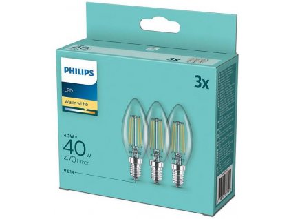 Žiarovka Philips LED / 3 kusy / tvar sviečky / ekvivalent 40 W žiarovky / teplá biela / 4,3 W / E14 / 470 lm / uhol vyžarovania 300° / transparentná